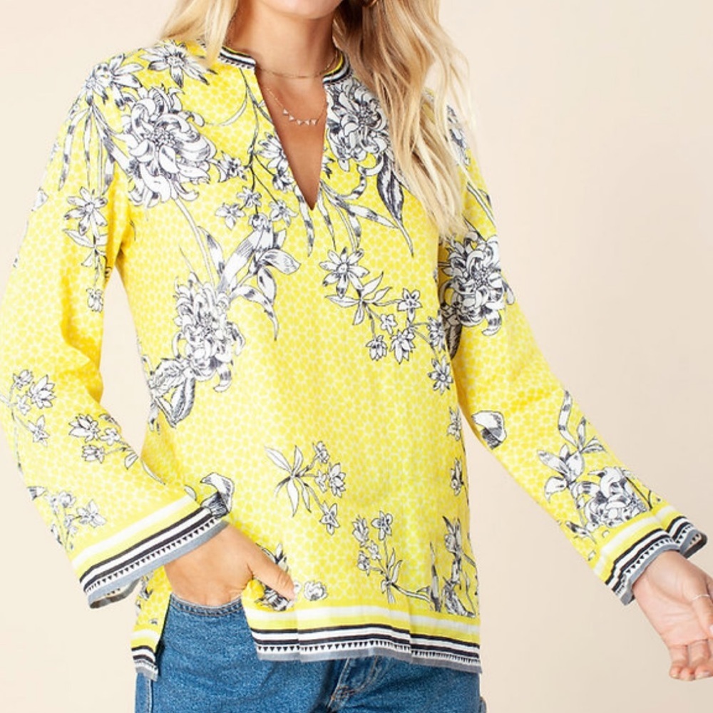 Hale Bob Faye Linen Yellow Floral Tunic Size S